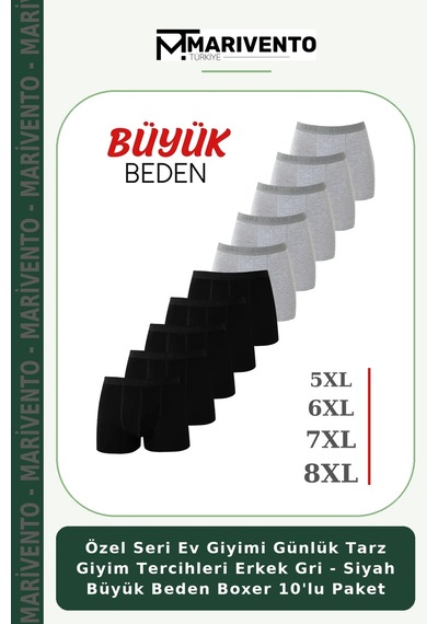 Marivento Özel Seri Ev Giyimi Günlük Tarz Giyim Tercihleri Erkek Gri - Siyah Büyük Beden Boxer 10'lu Paket Çok Renkli