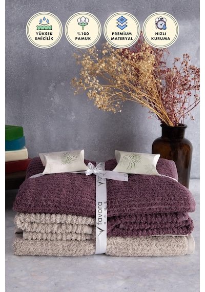 Line %100 Pamuk Luxury 6 Parça Havlu Hamam Seti - Bej Mürdüm
