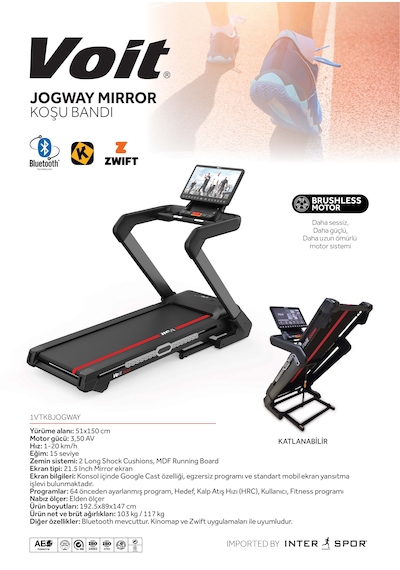Voit Jogway Mirror Koşu Bandı 3.5 Hp Brushless Motor, 20 Km/h, 15 Kademe Eğim, 15'' Ekran, Bluetooth