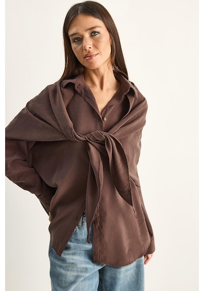 Shade Kadın Şal Aksesuarlı Oversize Modal Gömlek 340 60286164 - Kahverengi
