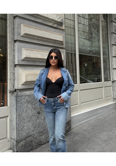 Out Of Standart Kadın Midwaist Flare Yüksek Bel Geniş Paça Jean Pantolon İce Blue