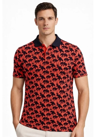 Modi Erkek Pike Kumaş Polo Yaka Palmiye Desenli Tişört Kısa Kol Yazlık T-shirt - Kırmızı