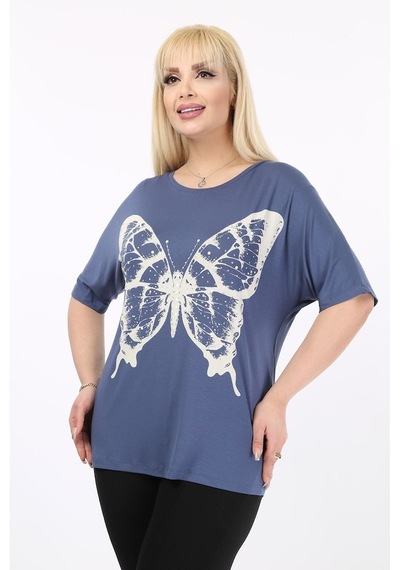Kelebek Baskılı Taşlı Büyük Beden Kadın Tshirt 37B-2096 Çok Renkli