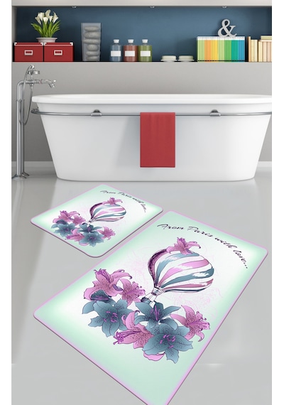 Purple Balloon  2 Li Set Djt Banyo Halısı Kaymaz Tabanlı Klozet Takımı Paspas Seti Çok Renkli