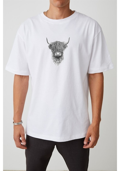 Thewert Unisex İskoç Sığır Baskılı Beyaz Oversize Tshirt