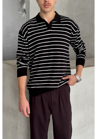 Erkek Pamuklu Polo Yaka Oversize Triko Kazak Beyaz