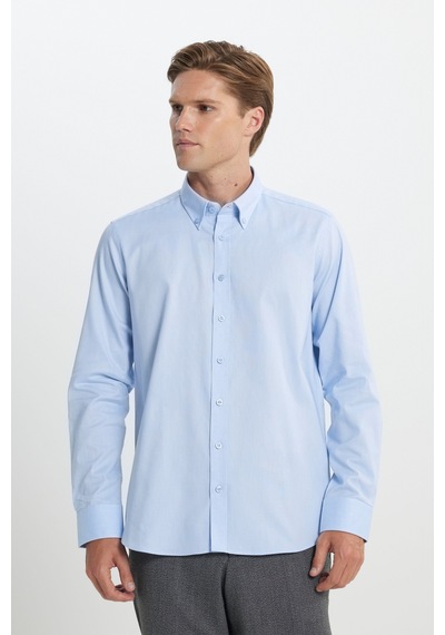 Erkek Mavı %100 Pamuk Slim Fit Dar Kesim Düğmeli Yaka Oxford Gömlek Mavi