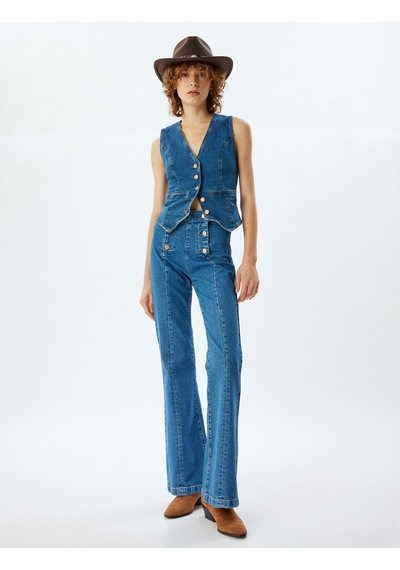 Koton İspanyol Paça Kot Pantolon Yüksek Bel Slim Fit Düğme Detaylı - Flare Jeans Orta İndigo 5wal40152md İndigo