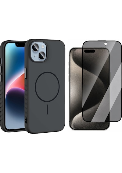 Vendas Apple Uyumlu iPhone 15 Kılıf M-safe Şarj Özellikli Zore Tea Kapak + Hayalet Ekran Koruyucu Siyah