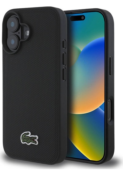 Apple Uyumlu iPhone 16 Kılıf Lacoste Lisanslı Pu Pike Desen Arka İkonik Timsah Dokuma Logolu Siyah