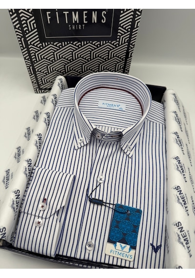 Slim Fit Uzun Kol Premium Çizgili Yaka Düğmeli Hediye Kutulu Erkek Gömlek Fs-004440 - Saks Mavi-3176