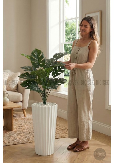 Yapay Monstera Deve Tabani Bi Tki Si 130 Cm Beyaz Li Lyum Saksıda