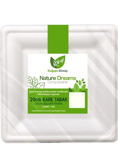 Roll-up Nature Ekolojik Karton Kağıt Parti Tek Kullanımlık Kare Tabak - 20 Cm. - 6 Adetlik 10 Paket