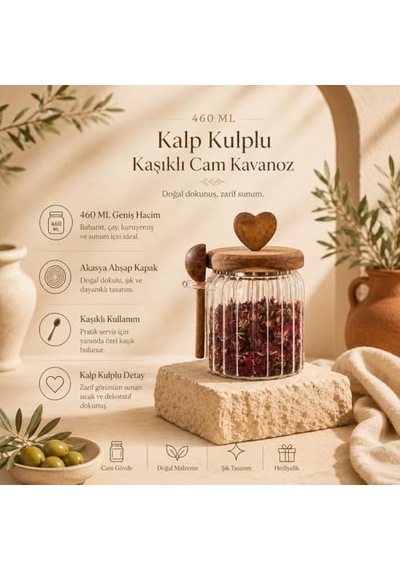 460 Ml Kalp Kulplu Kaşıklı Cam Kavanoz Akasya Ahşap Kapaklı Baharat Çay Kuruyemiş Saklama Kabı 7009