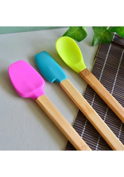 3'lü Renkli Bambu Saplı Silikon Uçlu Spatula Fırçalı Kaşık Seti - Al5156 Çok Renkli