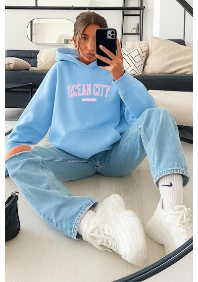 Benroma 3 İplik Penye Ocean Cıty Baskılı Sweatshırt Bebe Mavisi