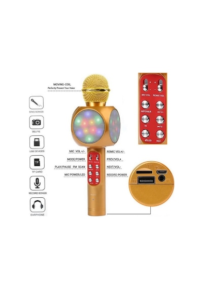 Led Işıklı Şarjlı Kablosuz Karaoke Mikrofon Bluetooth Hoparlör Ses Değiştirme Sd Kart Usb Girişli
