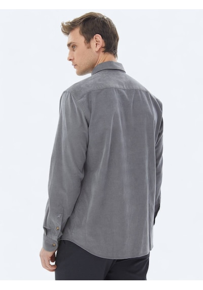 Kip Gri Fitilli Regular Fit Uzun Dokuma Kadife Casual %100 Pamuk Gömlek