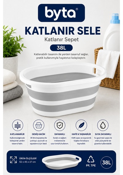 Katlanır Taşıma Ve Depolama Sepeti 38 Litre Gri