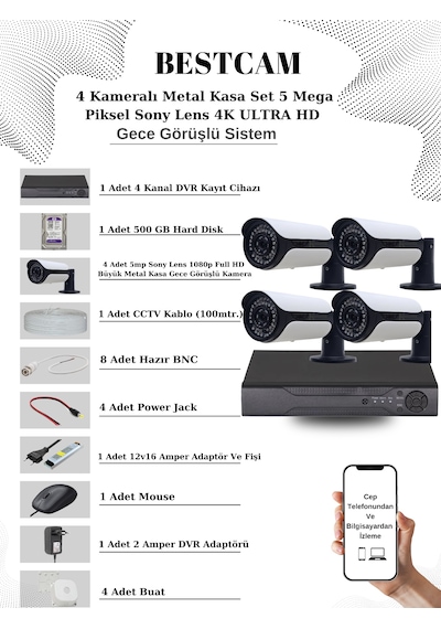 4 Kameralı Metal Kasa Set 5 Mp Sony Lensli 4k Ultra Hd 500 Gb Hdd