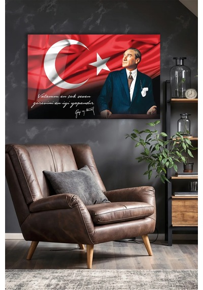 Atatürk Portre Ve Türk Bayrağı Vatanını En Çok Seven Görevini En İyi Yapandır Cam Tablo, Hediyelik