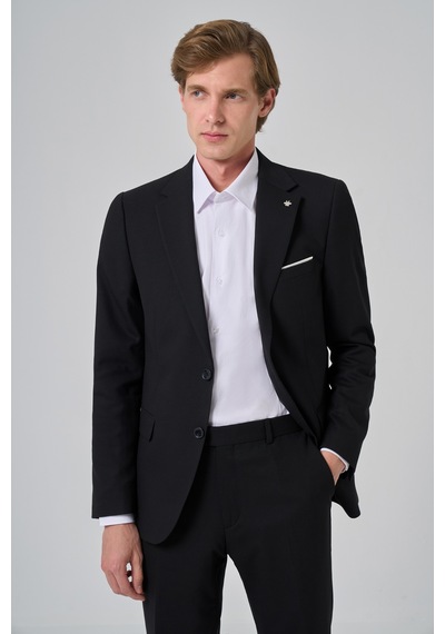 Morven Erkek Siyah Yünlü Slim Fit Mono Yaka Takım Elbise 25mc001045001 Siyah