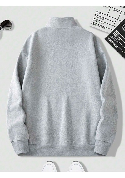 Harmandar Gri Erkek Baskısız Dik Yaka Yarım Fermuarlı Kazak Sweatshirt Gri