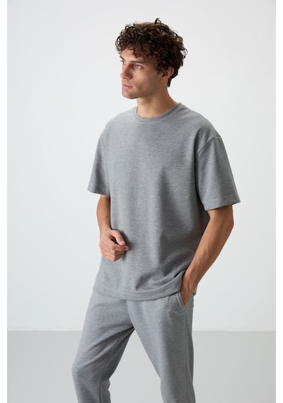 Tommy Life Gri Melanj Pamuklu Kalın Yumuşak Dokulu Oversize Fit Basic Erkek Eşofman Takım - 85251 GRİ MELANJ