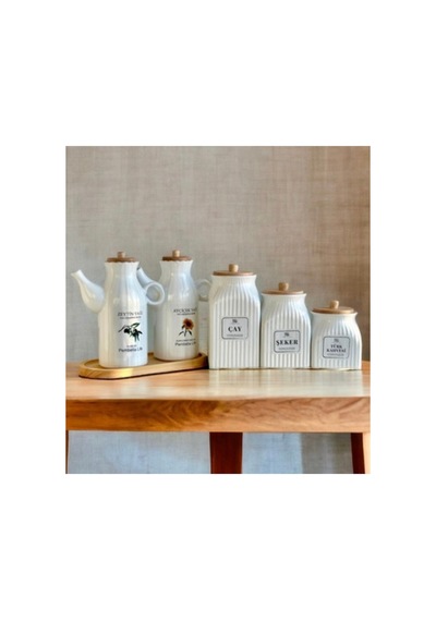 6 Parça Bambu Standlı Porselen 1000ml Yağdanlık Ve 3 Lu Çay Şeker Türk Kahve Kavanoz Seti Beyaz Beyaz