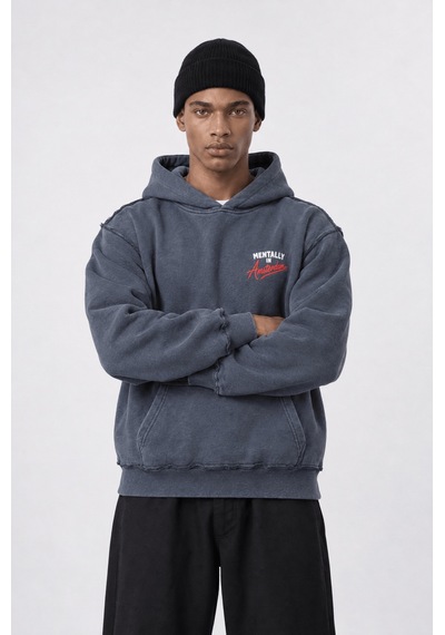 Respire Erkek Pis Dikiş Detaylı Yıkamalı Oversize Hoodie Füme