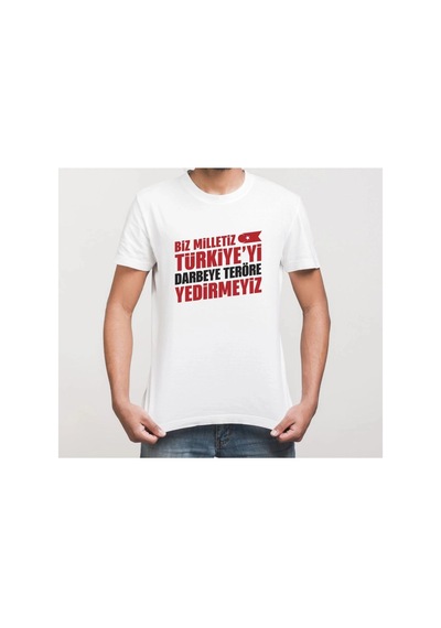 Freedom Storee 15 Temmuz Demokrasi Milli Birlik Yedirmeyiz Baskılı Bisiklet Yaka T-shirt - Beyaz Çok Renkli