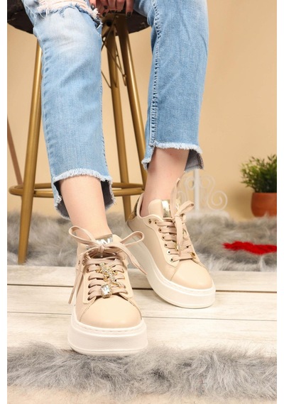 Taş Aksesuarlı Sneakers Krem-Krem