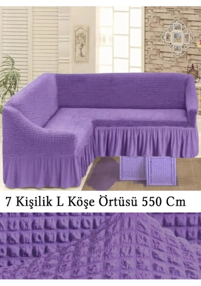 Upmall Bürümcük 7 Kişilik Köşe Koltuk, Kanepe Örtüsü, Koltuk Kılıfı, Lastikli, Etekli, L Köşe 550 Cm Lila Lila