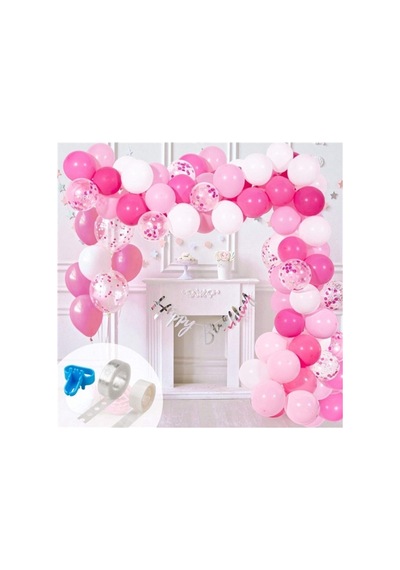 Zincir Balon Seti Pembe - Beyaz / Konfetili 130 Adet Balon A