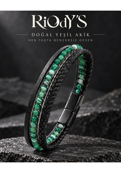 Riody's Agata Verde Erkek Bileklik Doğal Yeşil Akik Taşlı Siyah Deri Çelik Kilit Siyah - Yeşil