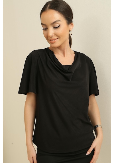 By Saygı Degaje Yaka Kristal Kumaş Kısa Kollu Bluz-35750-siyah