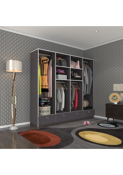 Kenzlife giysi dolabı 4 bölmeli 4 çekmeceli kamil 182*200*42 gri dolap kapaksız