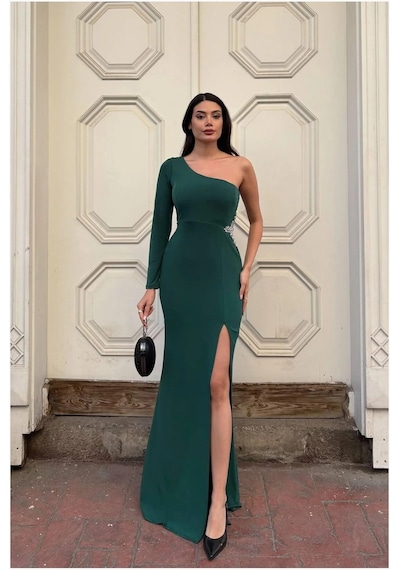 Linabloom Kadın Trend Model Simli Kumaş Asimetrik Yaka Drapeli Tek Kollu Elbise Zümrüt