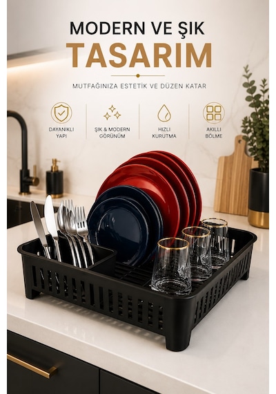 Sas Haus Bulaşıklık Tezgah Üstü Tabak Bardak Kurutmalık Plastik Bulaşık Sepeti 33x41 Cm Siyah S-10567