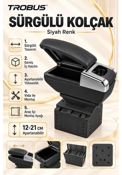 Trobus Mazda 2 2003-2014 Uyumlu Premium Siyah Sürgülü Ayarlanabilir Ayaklı Kolçak Kol Dayama