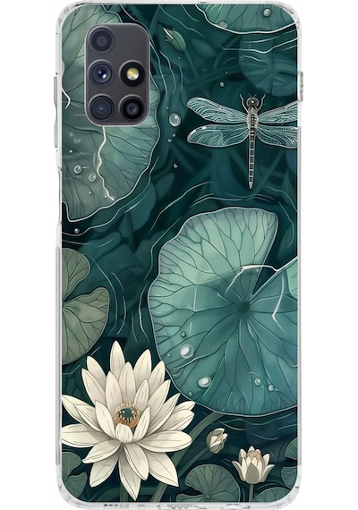Samsung Galaxy M51 Uyumlu Yeşil Yapraklı Nilüfer Ve Yusufçuk Baskılı Silikon Kılıf Renkli