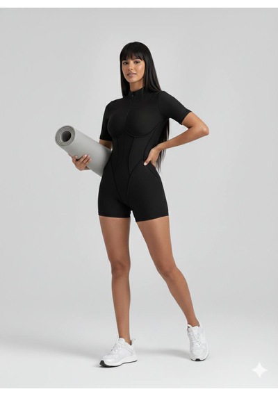 Lismina Dikişle Modellenmiş Spor Tayt Şort Tulum Siyah