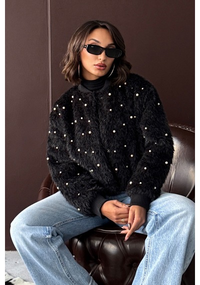 Verymoda Suni Kürk Bomber Ceket - İnci Detaylı Siyah