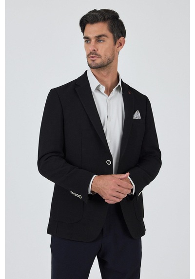 İmza Siyah Mono Yaka Gofreli Esnek 6 Drop Slim Fit Casual Ceket 1002250125 Siyah