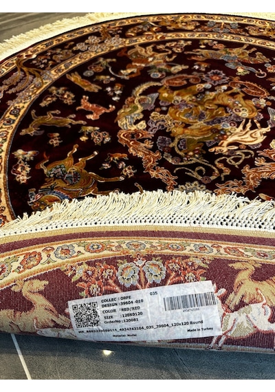 Orfe İpek Tuşeli Halı Salon Halısı, Oturma Odası Halısı, Antre Giriş Halısı Yuvarlak Bordo
