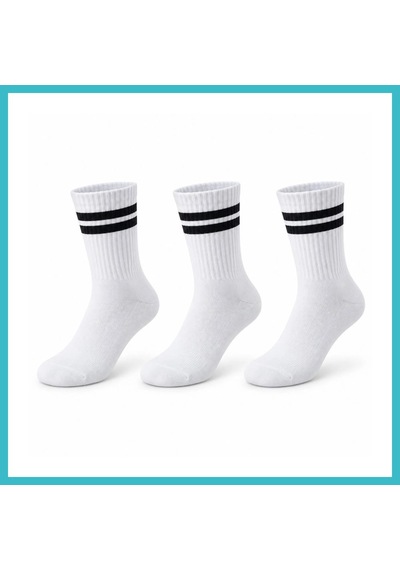 Bezos Unisex Beyaz Çorap Siyah Çizgili 3'lü Set Uzun Soket Günlük Spor Kolej Stil Rahat Kadın Erkek Çorabı Dfnbez