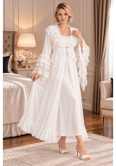 Mecit Pijama Mecit 6411 Ekru Dantel Detaylı Kadın Sabahlık Gecelik Takım