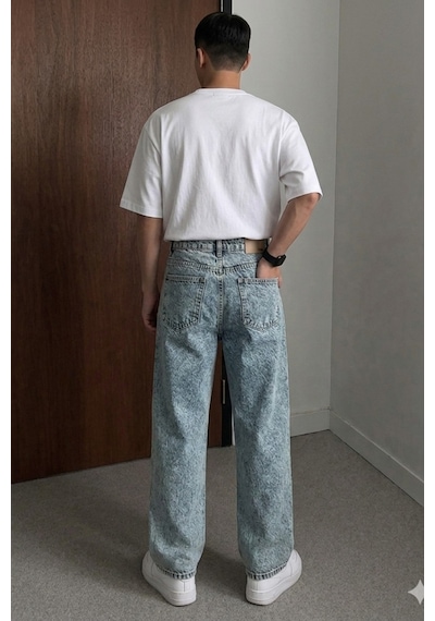 Tarz Cool Erkek Bol Paça Jean Pantolon Rahat Kesim Denim Mavi