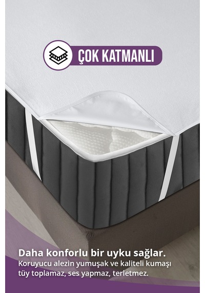 Pamuklu 4 Köşe Lastikli Sıvı Geçirmez Yatak Koruyucu Alez 150x20 Beyaz