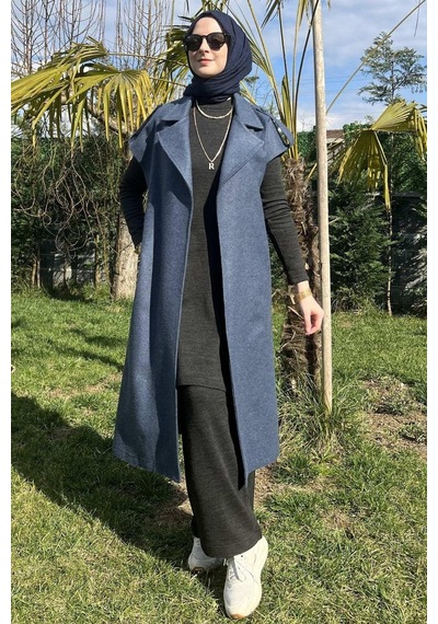 Rabia Şamlı Apoletli İndigo Yelek Normal